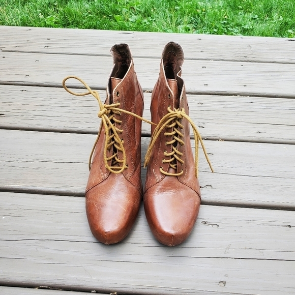 Vintage 90s y2k Brown Leather Lace Up Chunky Heel Victorian Granny Ankle Boot 10 - Picture 4 of 9
